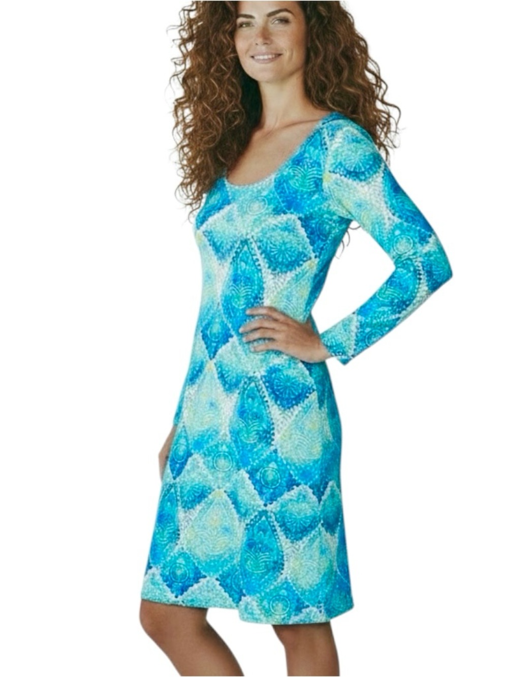 Pappagallo Blue Tile Print Long Sleeve Pullover Dress Sz M